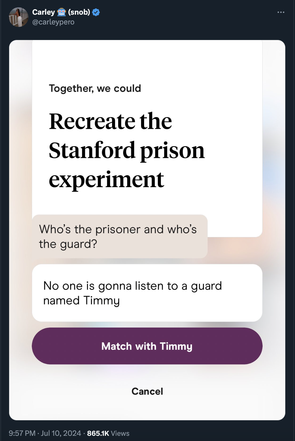 screenshot - Carley snob Together, we could Recreate the Stanford prison experiment Who's the prisoner and who's the guard? No one is gonna listen to a guard named Timmy Match with Timmy ViewS Cancel